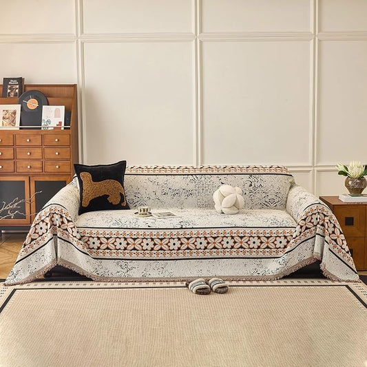 STACYPIK Vintage Floral Sofa Covers, Reversible Cream White Couch Cover Blanket for Loveseat, Botanical Jacquard Pets Protector for 3 Cushion Couch, Tassel Sofa Slipcover for Sectional Sofa-71X150IN by STACYPIK