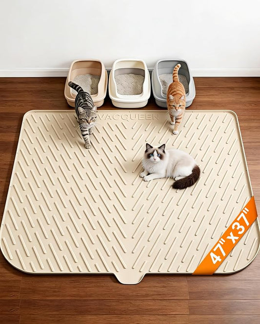 Cat Litter Mat, 47"x37" Extra Large Litter Box Mat, Silicone Mat, Beige | Waterproof Litter Trapping Mat for Scatter Control, Soft on Cat Paws Non-Slip Easy to Clean by Vacqueen