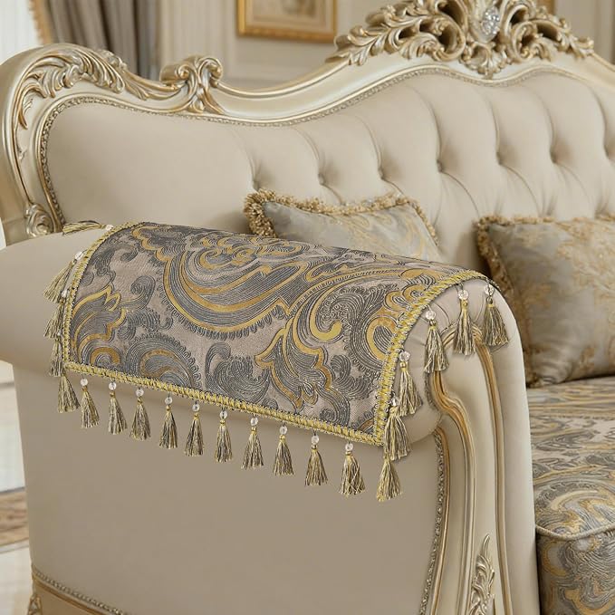 Loom and Mill Luxury Jacquard Sofa Arm Covers 2 PCS, Taupe Gold, 20x24in | European Antique Couch Armrest Cover with Tassels, Non-Slip Furniture Protector for Chair Sofa Recliners Couch Dogs Pets by LoomandMill