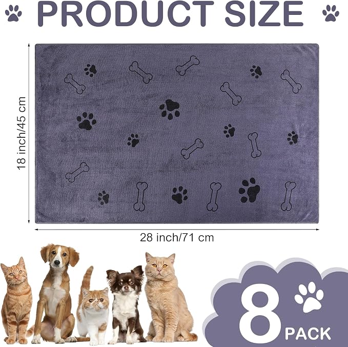 Chumia 8 Pcs Microfiber Dog Towels for Drying Dogs Cats 18 x 28 Inch Pet Towels Bulk for Medium Puppy Absorbent Fast Drying Paw Bath Bathing Supplies for Pets(Dog Paw and Bone,Gray) - Image 2