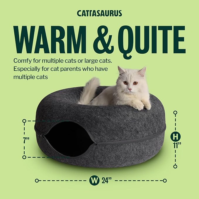 Cattasaurus Peekaboo Cat Cave Donut for Multiple & Large Cats up to 30-45 lbs, 3-in-1 Self Warming Cat Bed, Tunnel & Scratcher for Indoor Cats, Washable & Detachable (Dark Gray + Dark Gray, Large) - Image 9
