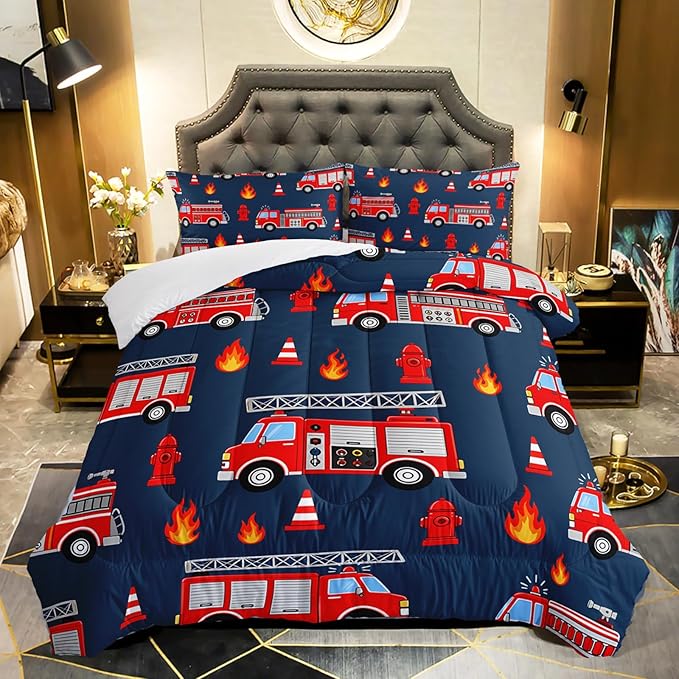 QOOMO Fire Truck Comforter King Size,Truck Kids Comforter Set,3Pcs Bedding Set Printed Comforter with 2 Pillowcases,Down Alternative,Soft and Lightweight,for All Seasons by QOOMOHOME