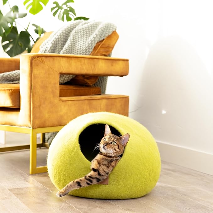 Best Aesthetic Cat Bed - Premium Felted Wool Cat Cave Bed - Cozy Peekaboo Round Cave for Large or Small Cats (Large, Citrus Green) - Image 2