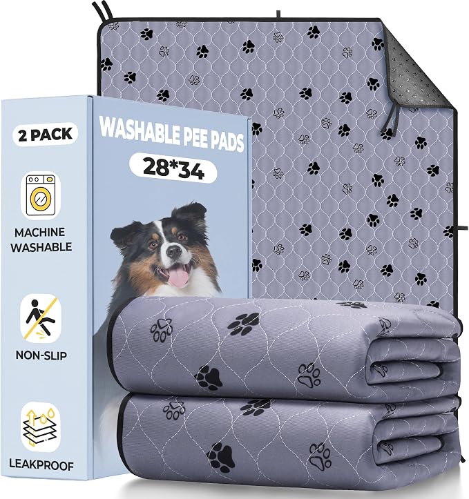 Fostanfly Washable Pee Pads for Dogs, Leak-Proof, 28''x34''-2 Pack, Gray | Ultra-Absorbent, Waterproof, Non-Slip, Large Reusable Potty Training Pads for Dogs, Puppy and Potty Buddy with 8 Tie Straps by HOME