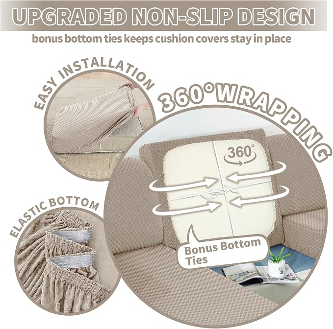 YEMYHOM Stretch Individual Cushion Covers Sofa Seat Cushion Slipcovers Soft Couch Cover Replacement Large Checkered Furniture Protector with Elastic Bottom (3 Pc Cushion Cover, Khaki) - Image 4