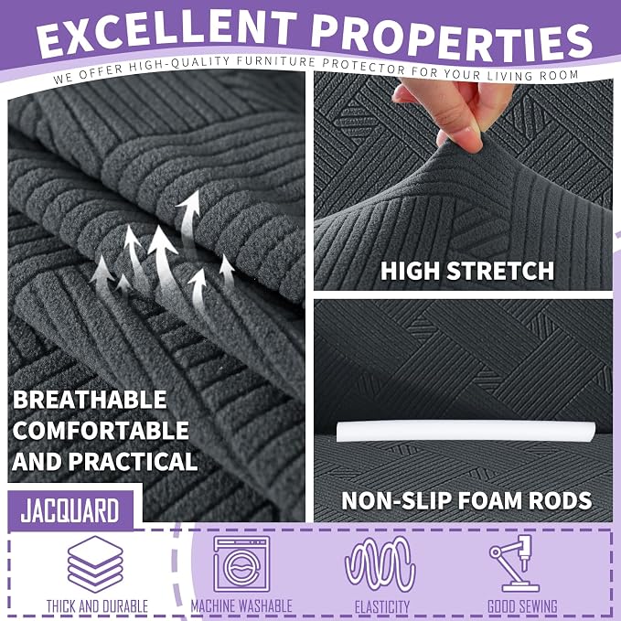 ZNSAYOTX 2 Piece Stretch Chair Covers (31"-46"), Thick Striped Armchair Slipcover with Elastic Band Bottom Ties Non-Slip Stay in Place, Soft Durable Arm Chair Covers for Living Room, Dark Grey - Image 4