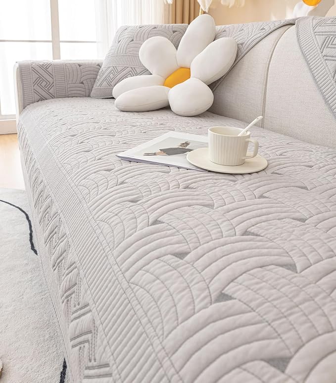 vctops Solid Color Cotton Quilted Sofa Couch Cover Weave Pattern Soft Sectional Couch Covers Embroidery Non-Slip Sofa Slipcover for Dogs, Children, Pets Furniture Protector (Light Grey,36"x82") - Image 5