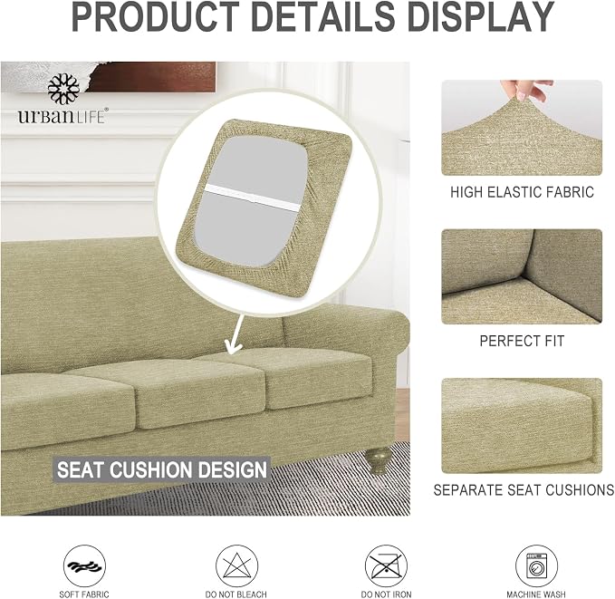 URBANLIFE 4-Piece Stretch Sofa Covers for 3 Cushion Couch, Coffee | Super fitted spandex slipcovers for couches. Non-slip elastic bottom. Machine washable furniture protector for kids & pets. - Image 6