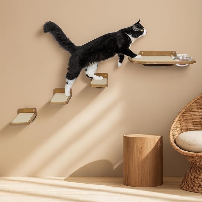 INICIO Cat Shelves - Feeding Shelf with 3 Cat Wall Steps - Natural Wood | Cat Wall Shelves with Wall Mounted Cat Food Bowls - Dog Proof Feeding Station and Convenient Feeder for Cats up to 15lbs - Image 7