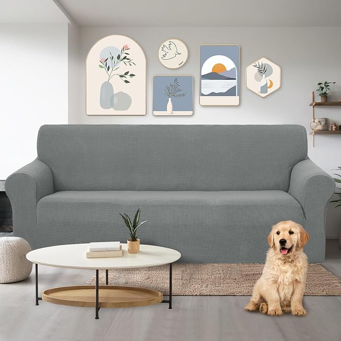 U-NICE HOME Stretch Couch Cover Slipcover for 3 Cushion Sofa, Grey | 1-Piece Sofa cover, Washable, Pet friendly, Furniture protector, Polyester Spandex Jacquard fabric - Image 2
