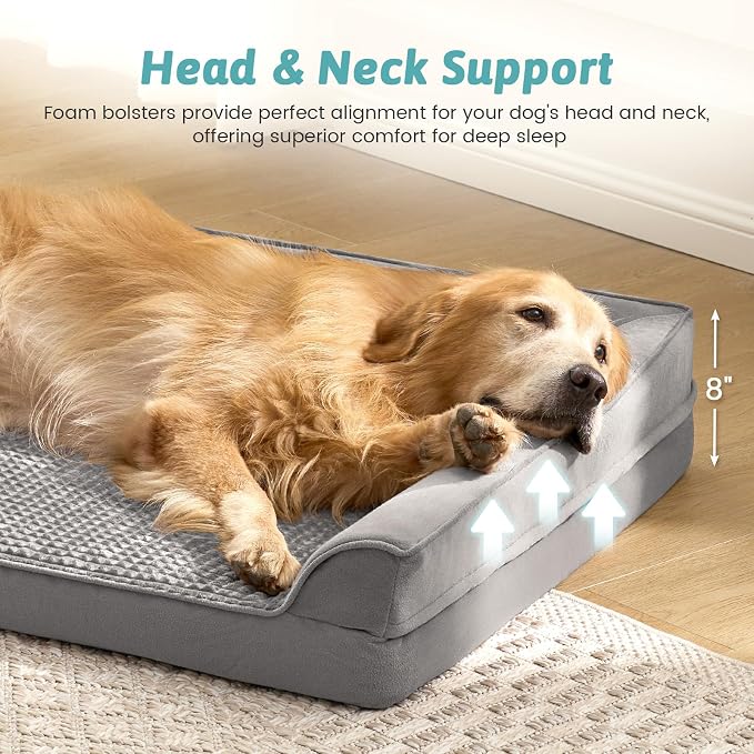 COZY KISS Dog Beds for Extra Large Dog, XXL Bolster Pet Couch with Waterproof Lining, Egg Crate Foam Sofa for Pets Up to 150 lbs, U-Shaped, 48x35x8 inch, Grey - Image 2