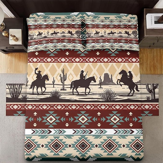 WeCozy Queen Size Bed Sheet Sets with Pillowcases, Tribal Cowboy Horses 4 Pcs Soft Microfiber Bedding for Kids and Adults, Retro Vintage Western Flat, Fitted Sheet for Bedroom Bed Decor - Image 3