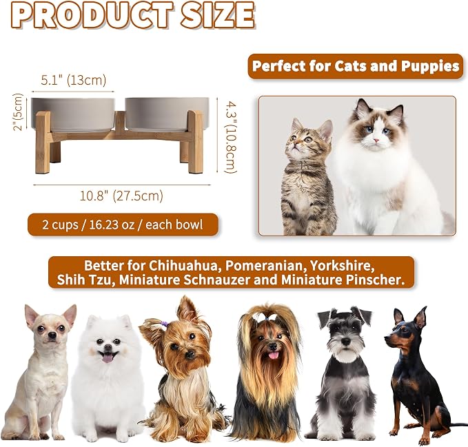 Elevated Ceramic Dog Bowl, 2 Cups Dog Food and Water Bowl Set with Stand | 5.1'' Double Dog Feeding Dishes, Non-Slip Raised Dog Feeder for Cats and Puppies, 16.23 OZ / 480 ML, White - Image 2