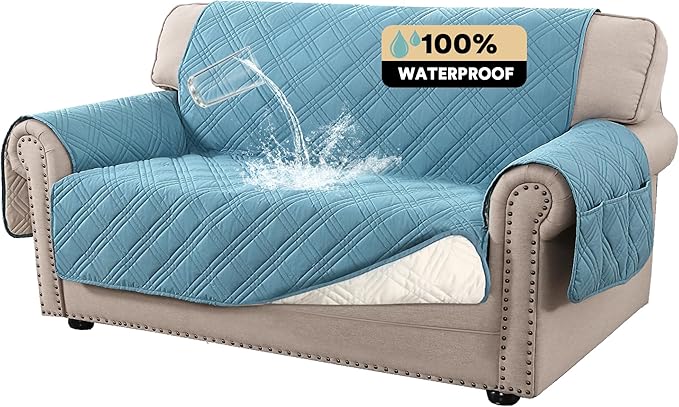 PrinceDeco 100% Waterproof Loveseat Covers for 2 Cushion Couch Sofa Covers Waterproof and Washable Sofa Slipcover with Side Pocket Furniture Protector with Elastic Straps(Loveseat 48", Smoke Blue) by PrinceDeco