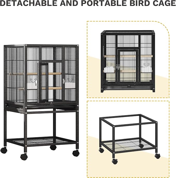 DWVO 41-inch Metal Bird Cage | Large Parrot Cages with Rolling Stand​ - Features Tray, Food Boxes & Wooden Perches - Image 5
