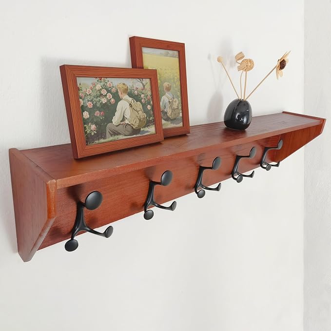 SKOLOO Wall Shelf with Hooks, 35-Inch Cherry Coat Rack Wall Mount with Shelf Organizer - Lightweight & Sturdy​​, 5 Tri Hooks - Perfect for Entryway, Hallway, Living Room, Bedroom, Mudroom - Image 3
