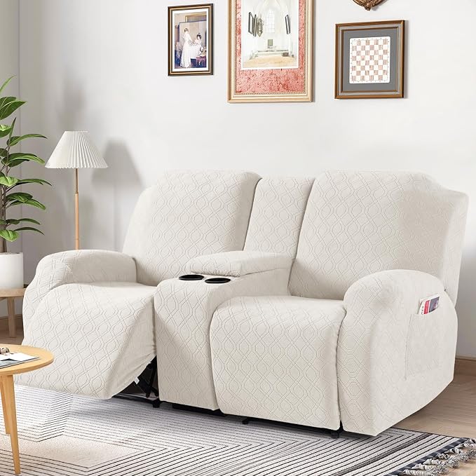 VANSOFY Recliner Loveseat Cover with Middle Console Stretch Reclining Sofa Slipcover for 2 Seat Jacquard Reclining Couch Sofa Covers Furniture Protector with Elastic Straps Bottom (Off White) | 4-Pieces, Soft Furniture Protector, Washable Slipcover wit... - Image 7