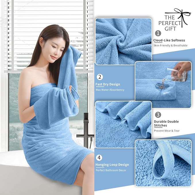 Extra Large Bath Sheet 4 Piece (35"x70")-Ultra Soft Oversized Bath Towel,Bath Sheet Towel for Bathroom Hotel,Plush Highly Absorbent Quick Dry Shower Towel Set for Adults,Bathroom Towel Set Blue - Image 2