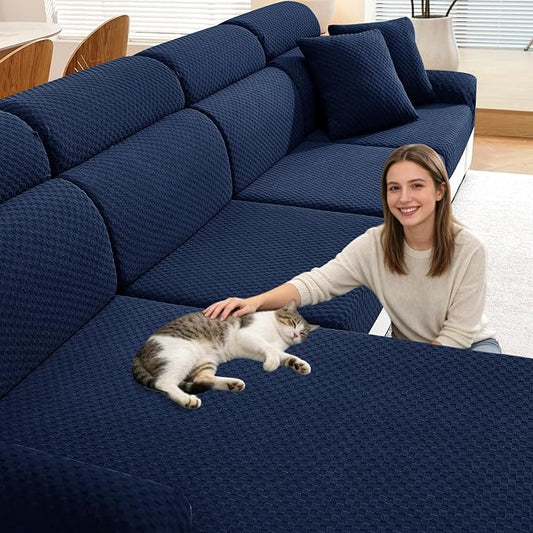 YEMYHOM Couch Cushion Covers for Sofa, Stretch Sectional Couch Seat Cushion Covers Washable Furniture Protector Sofa Slipcovers for Pets (3 Seater + 1 Chaise, Navy) by YEMYHOM