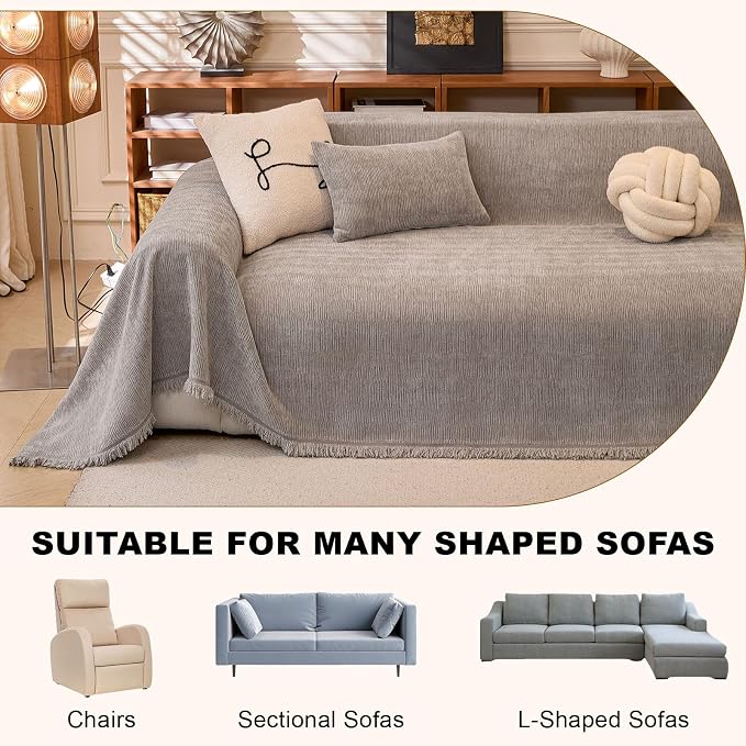 Solid Chenille Couch Cover for Dog Light Grey Throw Style Sofa Cover | Non Slip Washable Sofa Slipcover for L-Shaped Sofa, 3-4 Cushion Couch, Lounge Chaise, Bottom Tassels, XX-Large, 71"x150" - Image 3