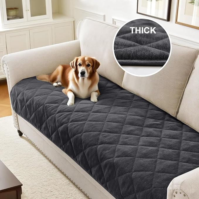 Couch Covers for Dogs Chenille Sofa Covers for 3 Cushion Washable Quilted Checkered Fuzzy Pet Couch Cover Soft Couch Protector Non-Slip Sofa Pads for Puppy Cat Kids(34.5" x 70",Grey) - Image 2