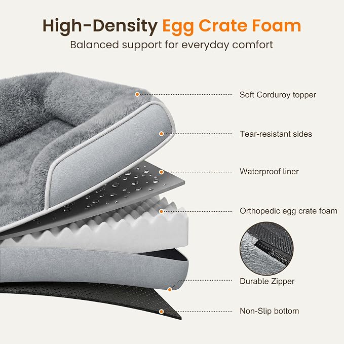 Orthopedic Dog Bed for Giant&Multiple Dogs, 53x42 XXXL Extra Large Dog Bed | Egg Crate Foam for Pressure Relief, Cozy Bolster Sofa Design, Waterproof Washable Cover, Non Slip Bottom, Light Grey - Image 4