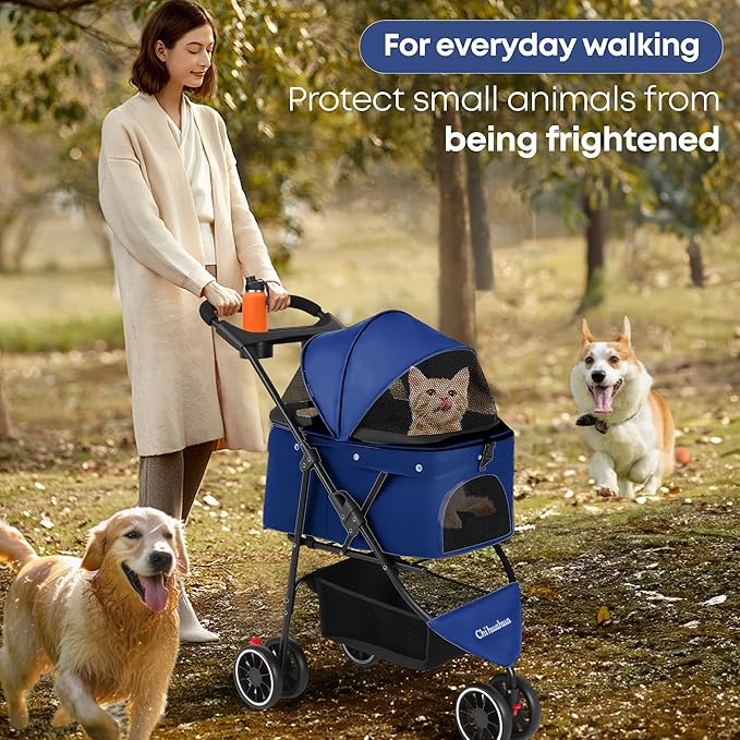Pet Stroller,Dog Stroller for Small Medium Dogs Cats,3 Wheels,Foldable,with Breathable Mesh Canopy,Cup Holders,Easy Assembly,Navy Blue