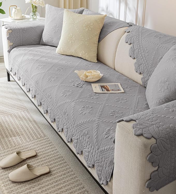 Cotton Quilted Dog Couch Cover for Sofa Farmhouse Rustic Embroidery Sectional Couch Cover Soft Anti-Slip Sofa Slipcover Furniture Protector for Kids, Pets (Grey,36"x36") - Image 5