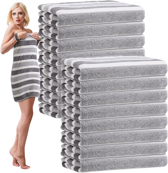 SmoothNovelty 16 Pack Microfiber Bath Towels Bulk 27'' x 60'' Oversized Size Bath Towel Highly Absorbent Extra Large Soft Drying for Beach Shower Summer Salon Sport Gym Party (Stripes,Grey) by SmoothNovelty