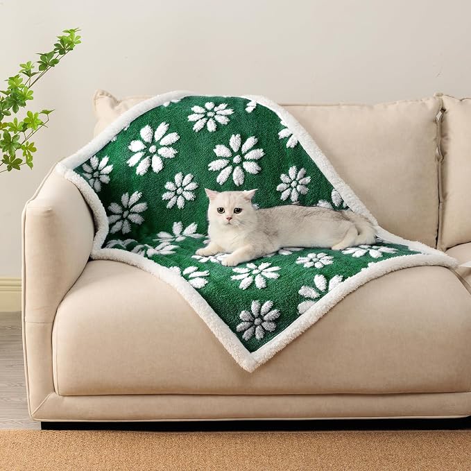 Cute Waterproof Blanket for Dog Puppy Cat, 30"x40", Green | 3D Textured Flower Pet Blanket for Bed Couch Sofa, Soft Liquid Pee Proof Pet Furniture Protector by Yaning
