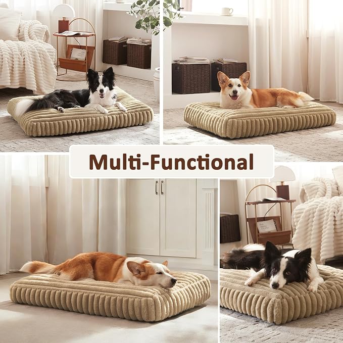 Dog Beds Large Sized Dog, Flat Pet Beds with Removable Washable Cover, Pet Mat Cute Pet Crate Bed Thick Shredded Chopped Crate Foam & Anti Slip Bottom for Indoor, 35"x23"x4" Beige - Image 6