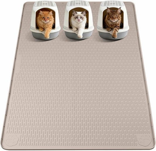 Silicone Cat Litter Mat for Litter Box 70”x45” Large Cat Mat, Khaki | Waterproof, Non-Slip, Leak-Proof Rug Mat with Lip, Easy to Clean, Extra Large Litter Catcher Mat for Floor by Bartuke