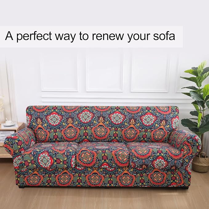 hyha Stretch Couch Covers, Sofa Cover for 3 Cushion Couch Pet Friendly | Floral Pattern, Printed, 4 Pieces, 3 Separate Cushion Sofa, Durable Anti-slip Washable Protector with Elastic Bottom for Dogs - Image 8