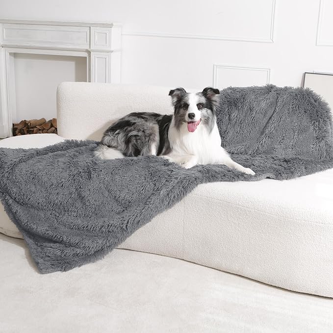 gogobunny Waterproof Dog Blanket for Couch & Furniture Protection - Super Soft Reversible Throw for Large Dogs & Cats, Calming Washable Fur & Sherpa Pet Blanket (33x77 Inch, Light Grey) by gogobunny