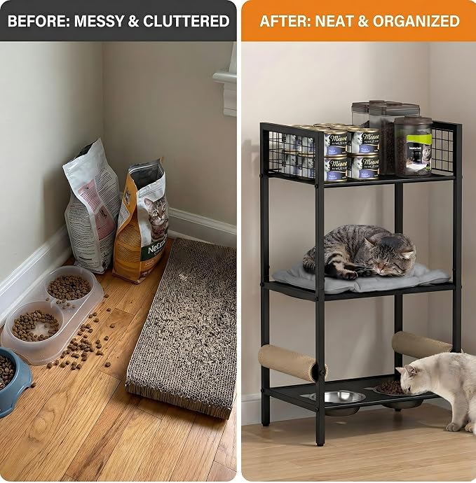 Cat Feeding Station Furniture with Scratching Post, 3-Tier Cat Food Organizer & Storage, Raised Feeding Stand with 2 Stainless Steel Bowls, Space-Saving Cat Shelf for Small Spaces, Black - Image 5