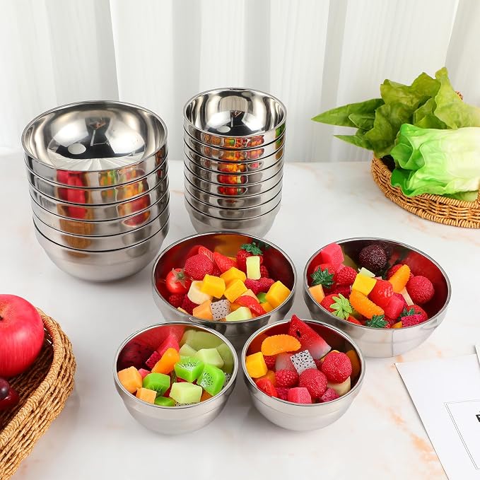 Mimorou 20 Pack 304 Stainless Steel Bowls Set 13oz 20oz Metal Double Walled Insulated Snack Mixing Lightweight Multipurpose Toddler Dinner Bowls for Ice Cream, Cereal, Snack - Image 5