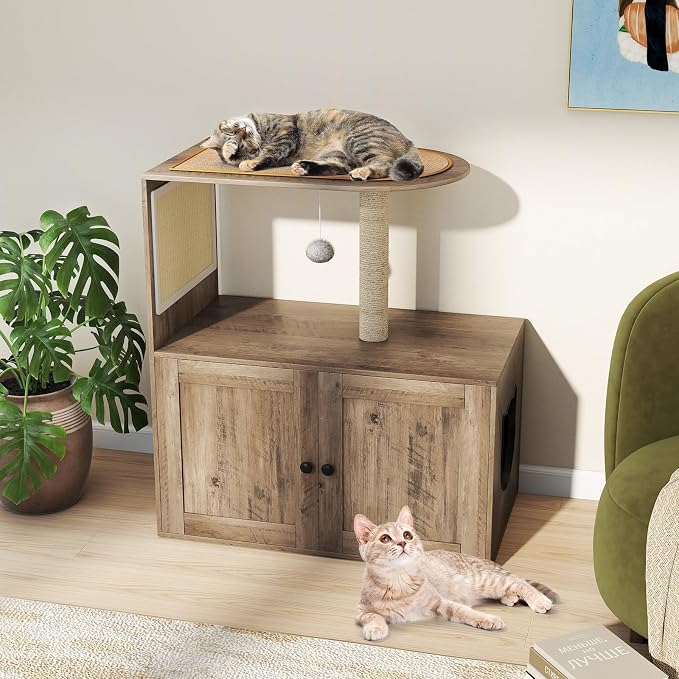 Tangkula Cat Tree with Litter Box Enclosure, Hidden Litter Box Cat Tower with Sisal Scratching Post & Mat, Dangling Ball, Vented Holes, Farmhouse Cat House Washroom (Oak Gray) - Image 3