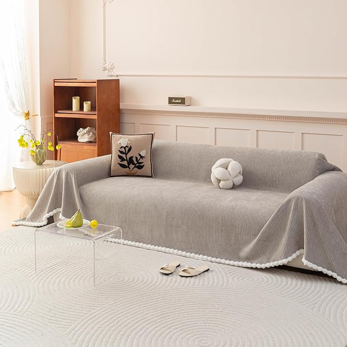 Gray Chenille Couch Cover for Pets, Washable Striped Geometric Sofa Cover for 2 Cushion Couch, Boho Sofa Slipcover for Living Room, Thick Sectional Furniture Protector with Cute Pom Pom Edge-71x118IN - Image 2