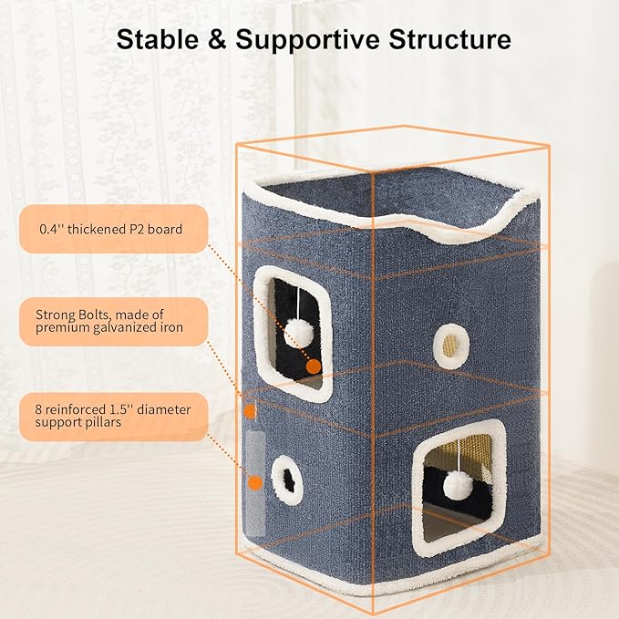 Cat House, Cat Beds for Indoor Cats, 2-Story Cat Condo Cube | Cat Bed Cave with Scratch Pad and Fluffy Ball Hanging, Multi-Level Cozy Hideout Center Ideal for Small/Medium Cats - Image 4