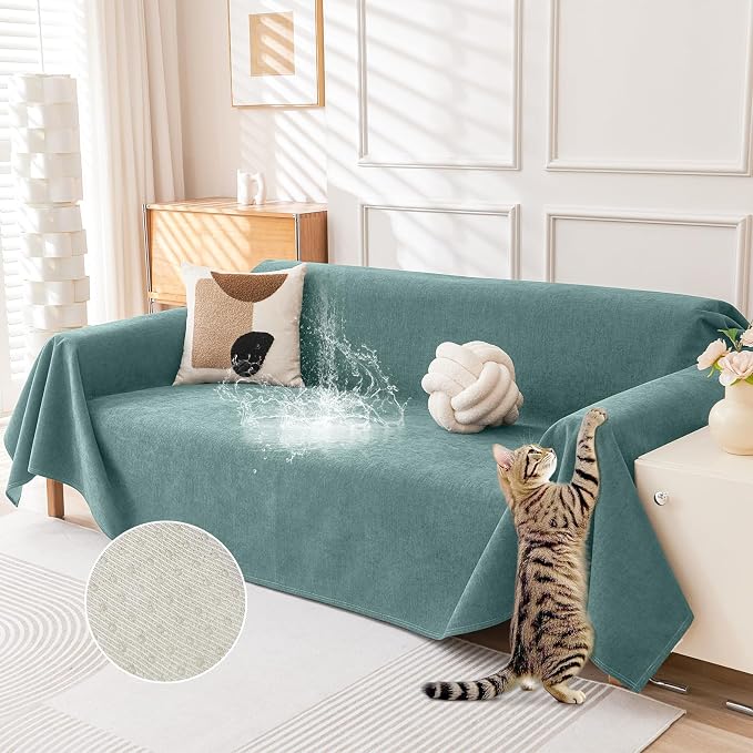 Deep Dream Cat-Scratch Resistant Couch Cover, Waterproof Sofa Cover for 3 Cushion Couch Washable, Pet Friendly Couch Protectors Anti Slip Thickened Love Seat Slipcovers for Dogs Pets,71" x 118",Green by DeepDream