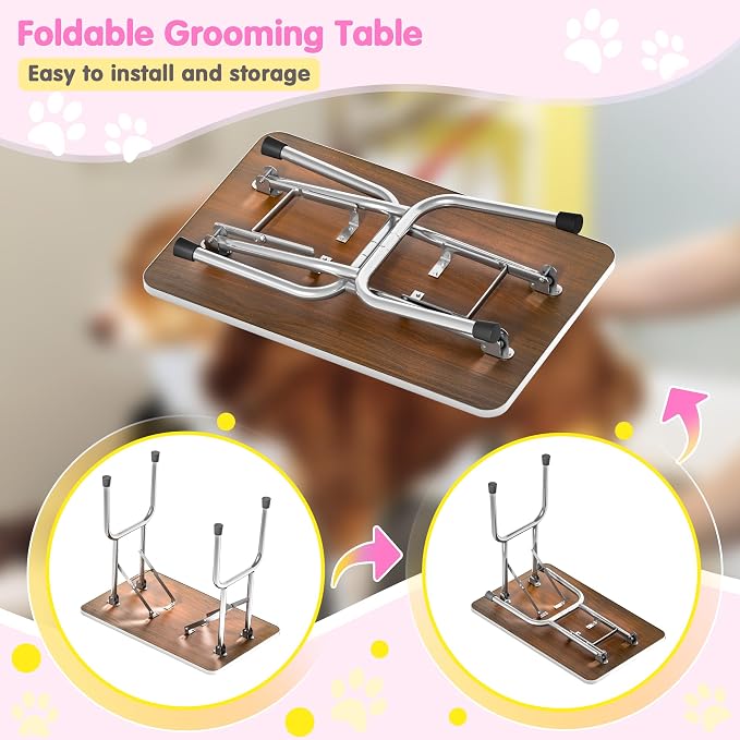 Lyromix 36'' Stainless Steel Pet Dog Grooming Table, Arm/Noose/Tray, Pink | Foldable Dog Grooming Table for Dogs at Home, Adjustable Height Arm, Non-Slip Waterproof Tabletop, Capacity 330Lb - Image 6