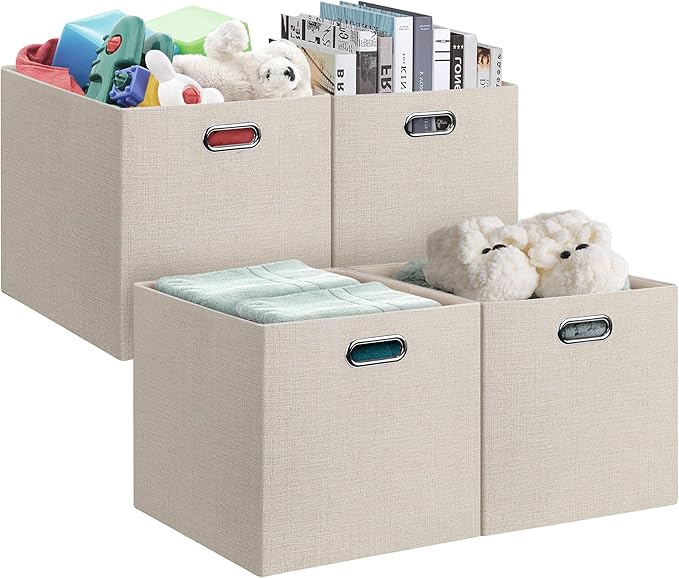 Posprica 13x15x13in Collapsible Storage Bins, Fabric Foldable Cube Storage Boxes, Decorative Storage Baskets Organizer for IKEA Kallax, Shelves, Closet, Clothes, Set of 4-Beige by Posprica