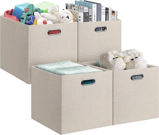 Posprica 13x15x13in Collapsible Storage Bins, Fabric Foldable Cube Storage Boxes, Decorative Storage Baskets Organizer for IKEA Kallax, Shelves, Closet, Clothes, Set of 4-Beige by Posprica