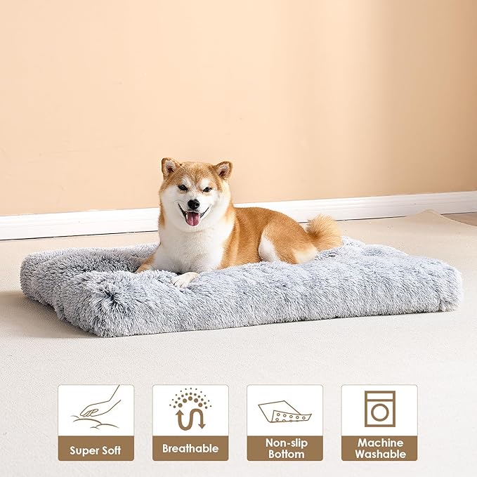 EHEYCIGA Fluffy Dog Crate Bed for Large Dogs, Plush Faux Fur Pad, Grey | Calming Anti Anxiety Large Dog Crate Bed, Washable Soft Warm Mat with Non-Slip Bottom - Image 8