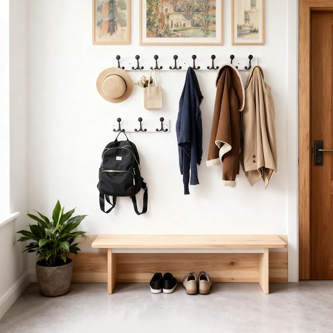 SKOLOO 17-Inch Wood Coat Rack Wall Mount with 3 Triple Hooks - Ideal for Family Entrances, Classrooms, and Pet Supplies Storage - Perfect Coat Hooks for Wall,Distressed White Wash - Image 4