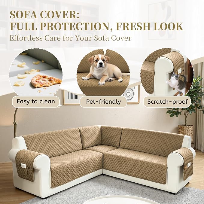 Sectional Couch Covers for Dogs 100% Waterproof Corner L Shaped Sofa Cover Pet Friendly Velvet Washable Anti Slip L Shape Modular Sofa Slipcover Protector with Pockets (Light Brown, XX-Large) - Image 4