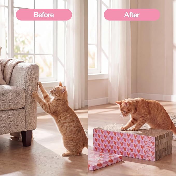 Naomi 18" x 10" Reversible Corrugated Cardboard Cat Scratcher Pads with Catnip, 5-Pack, Pink/Red Hearts Pattern Modern Furniture Protector CSR1009E - Image 7