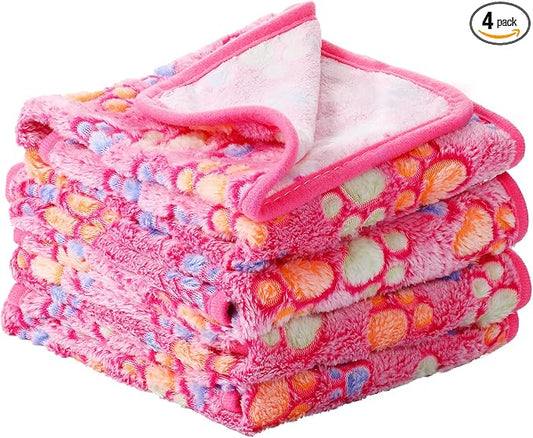 Tatuo 4 Pack Fleece Dog Blankets for Puppy Cats Multi-Size Sleep Mat for Pet Guinea Pig Soft Washable Warm Crate Bed Puppy Teething Toys Print Pattern Blanket Indoor(Pink,30 x 20.5 Inch,Paw) by Tatuo