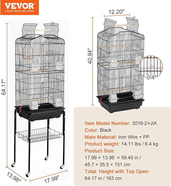 VEVOR 64-inch Open Top Large Parrot Bird Cage with Detachable Rolling Stand for Parakeets Finches Canaries Lovebirds Cockatiels Budgies Small Quaker Conures Flight Birdcage with Swing and Perch - Image 7