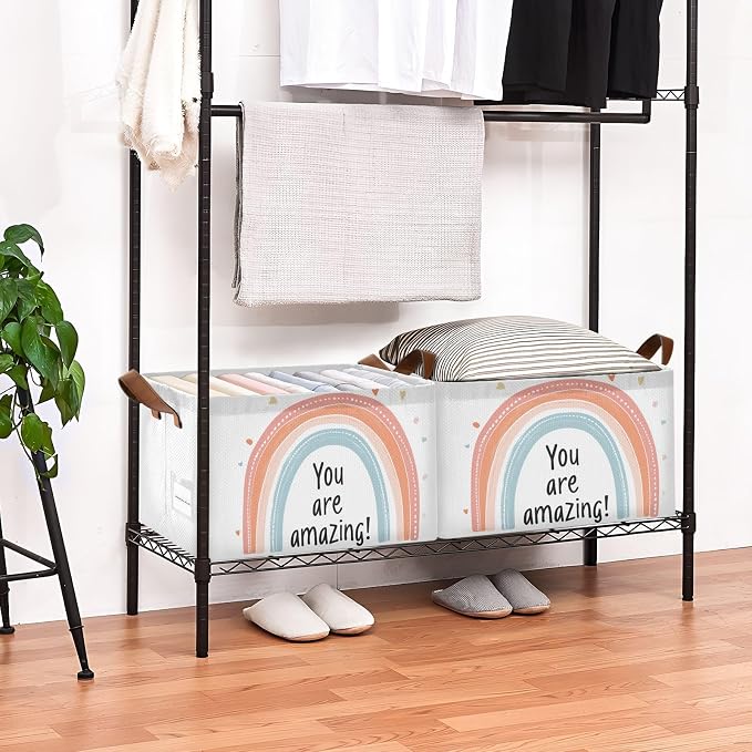 You Are Amazing Quoted Rainbow Positive Baby Storage Basket with Labels&Handles Rectangular Nursery Storage Bins Collapsible Shelf Organizer Baskets for Kids Books Cloth Gift Basket Toys Laundry, 2 PC - Image 2